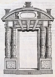 Puerta decorativa con columnas y placa en forma de baño, de 